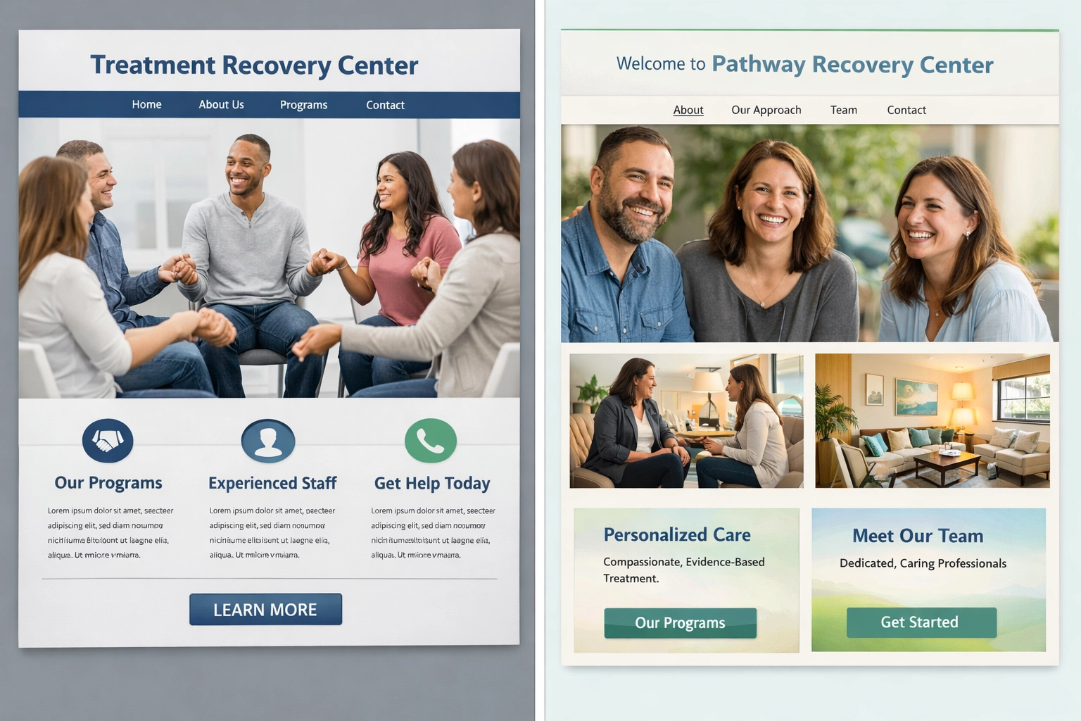 Comparison of treatment center websites showing stock photos versus authentic facility photography