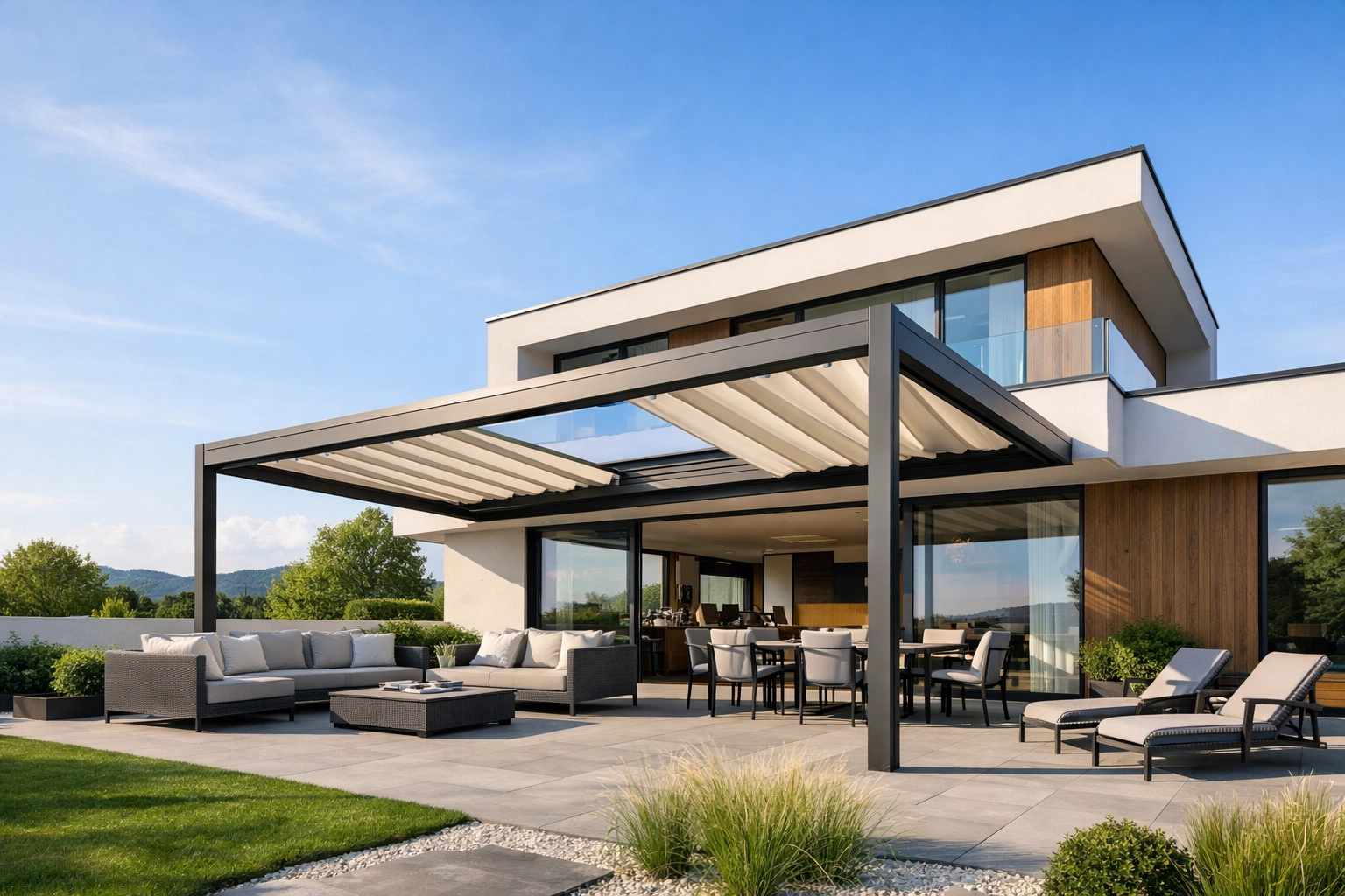 Installierte Faltdach-Terrassenüberdachung nach Maß an einem modernen Wohnhaus in Niederösterreich.