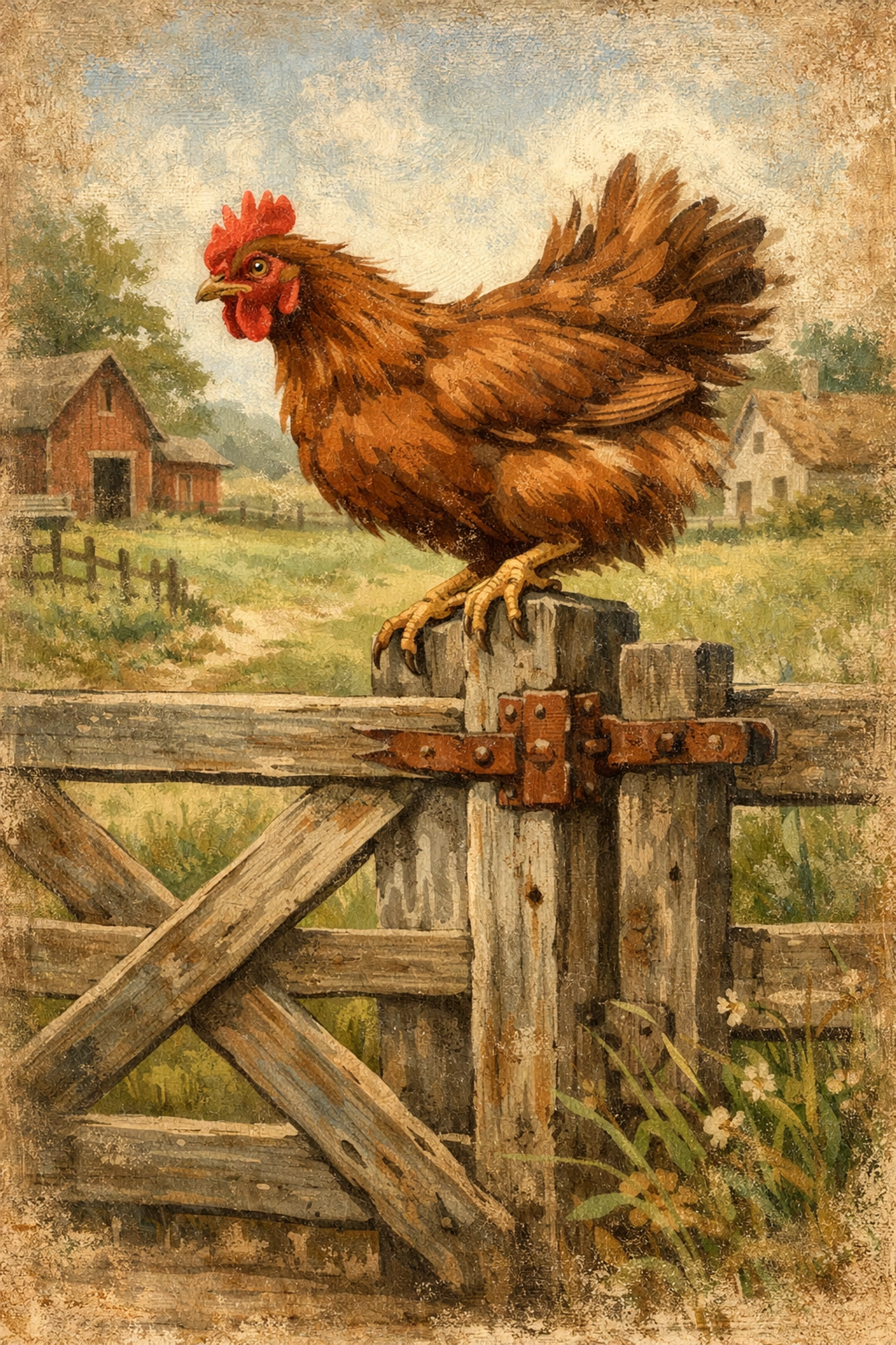 Brown hen perched on gate ready to escape to pasture at farm
