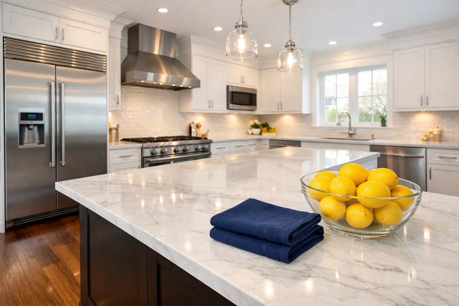 Professional kitchen cleaning in Leominster MA featuring spotless marble countertops and stainless steel.