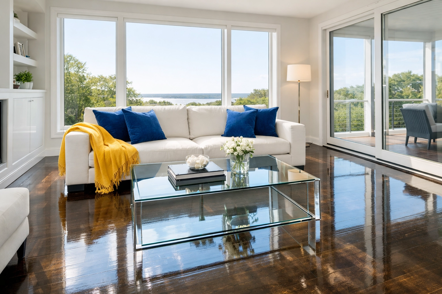 A spotless modern living room in Massachusetts after professional weekly house cleaning service.