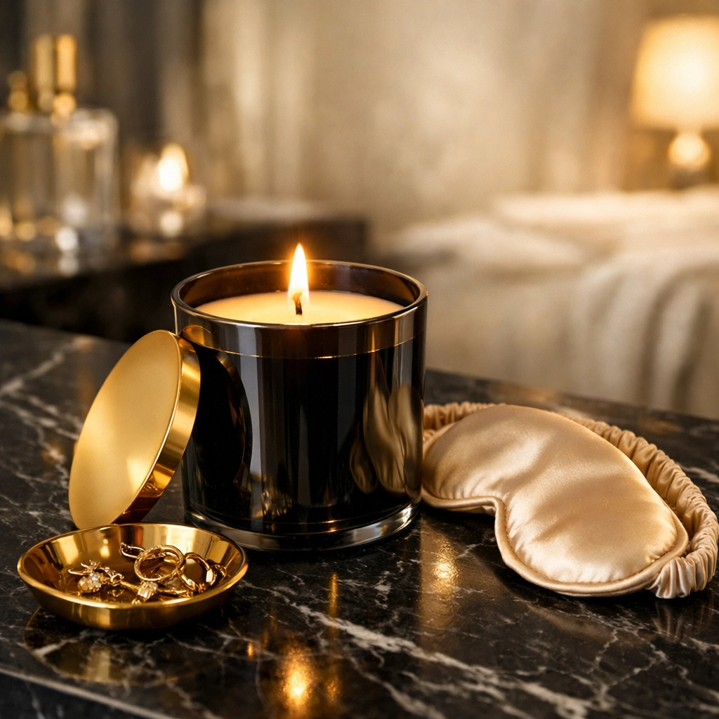 A lit luxury candle on a dark marble vanity, illustrating Black-owned excellence in premium home decor and self-care.