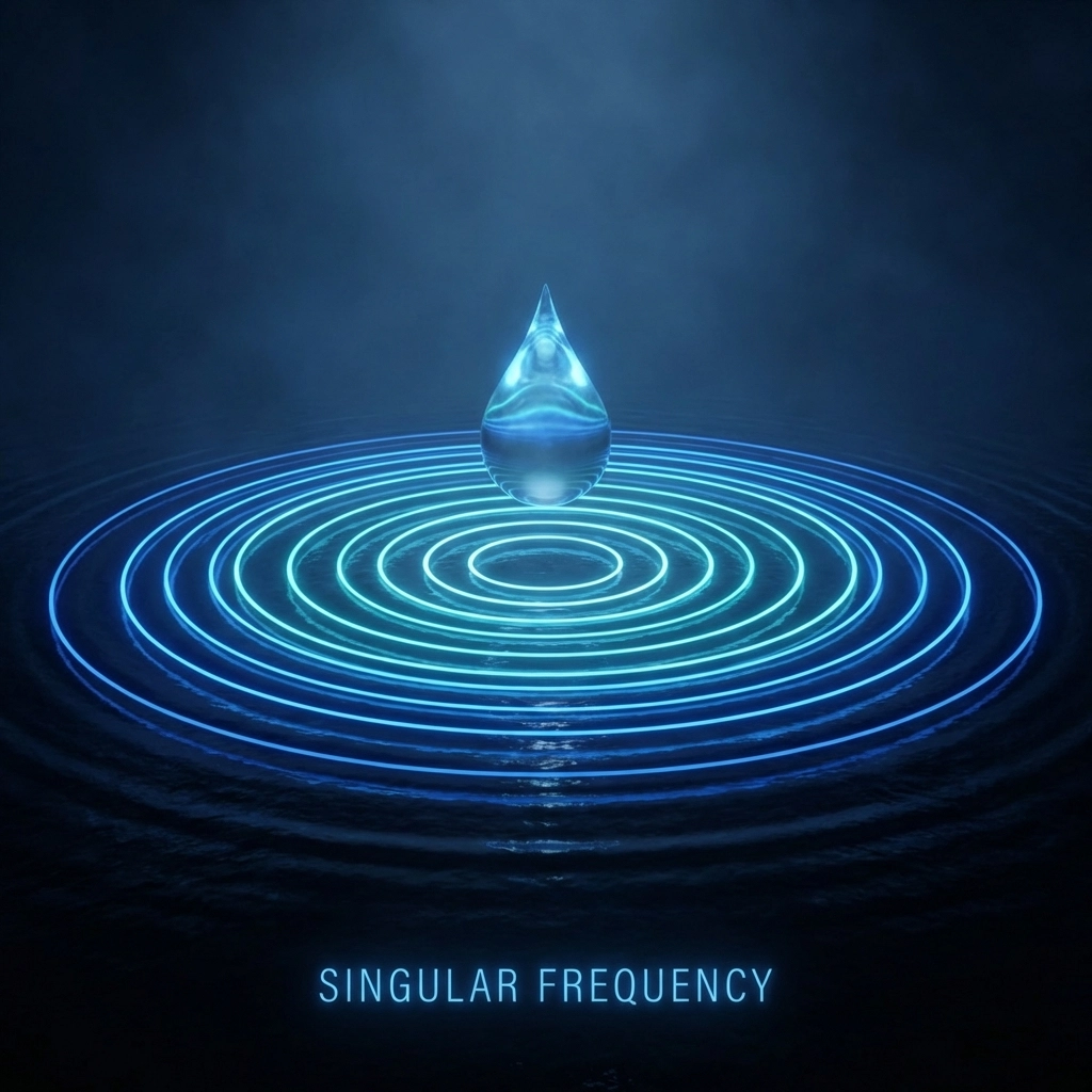 Single luminous water droplet with precise blue wave rings, focusing on the concept of optimal frequency experience in sound therapy.