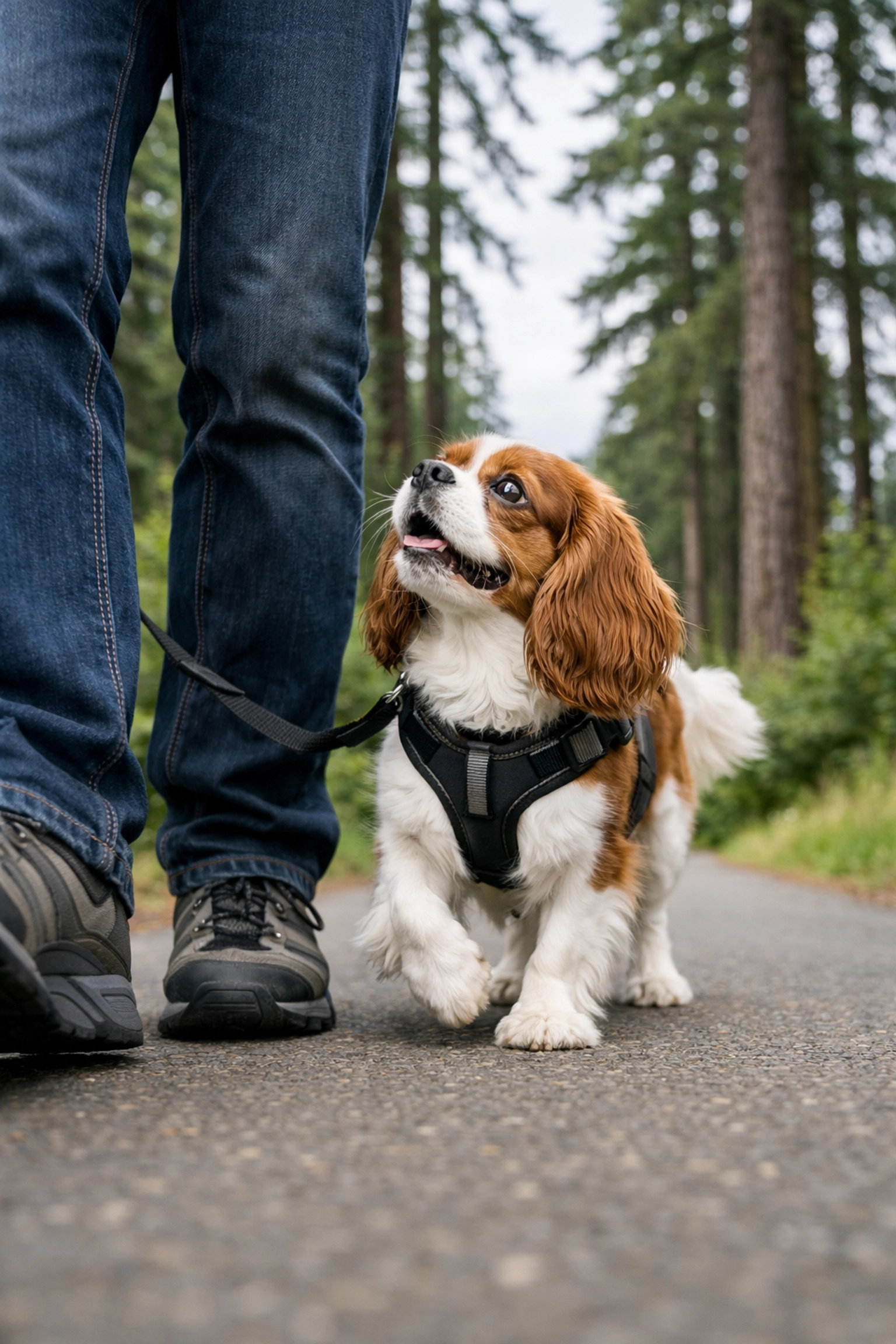 Health-Tested Cavalier King Charles Spaniel training on a path in Portland OR.