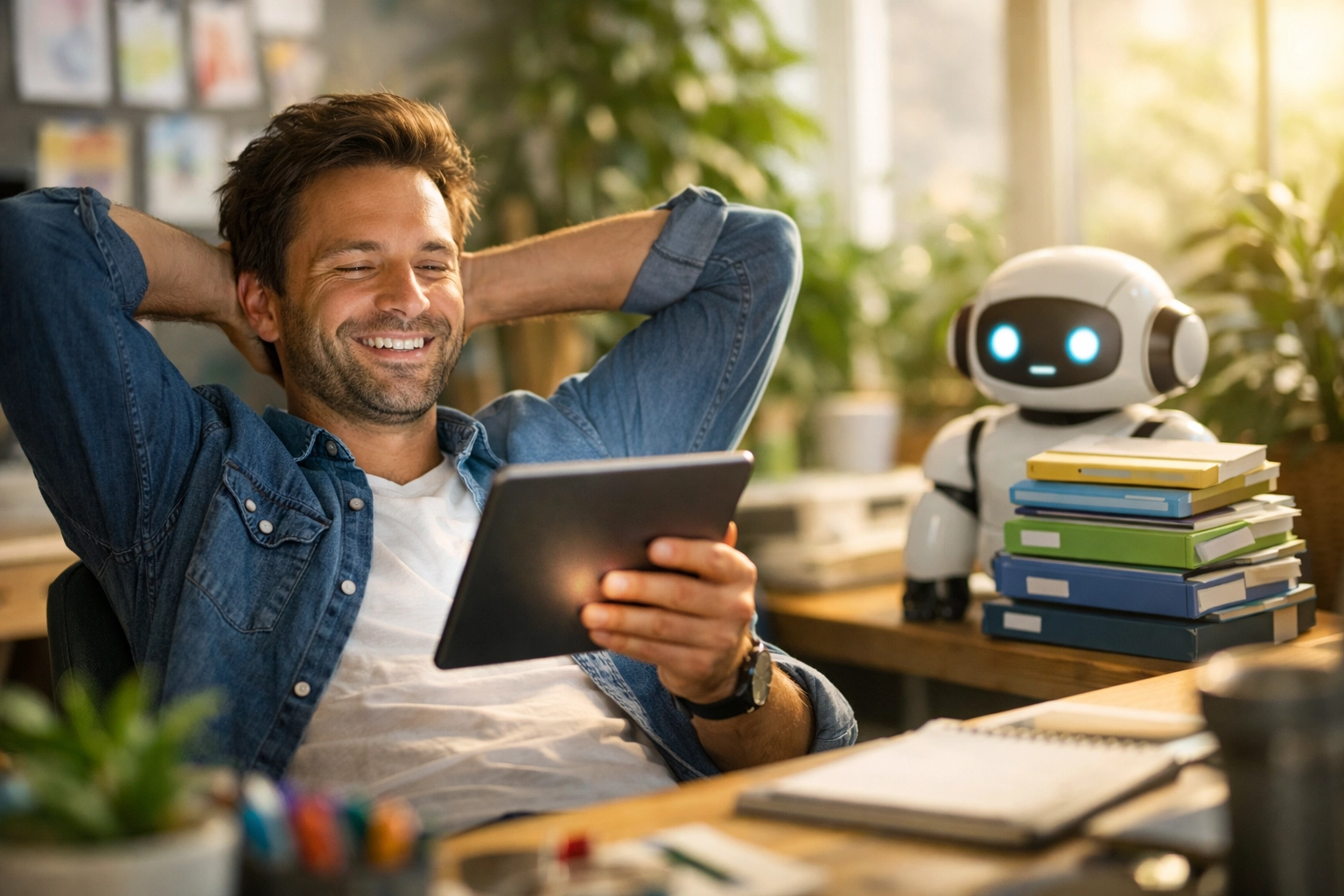 Business owner relaxing while customer service automation and an ai helpdesk handle support tasks in a studio.