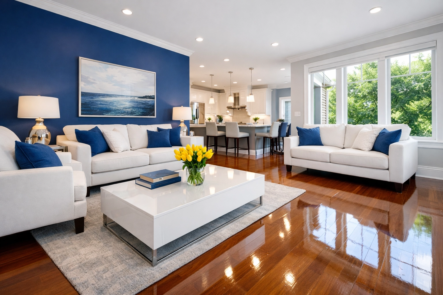 Clean living room with polished hardwood floors after a professional house cleaning in Maynard.