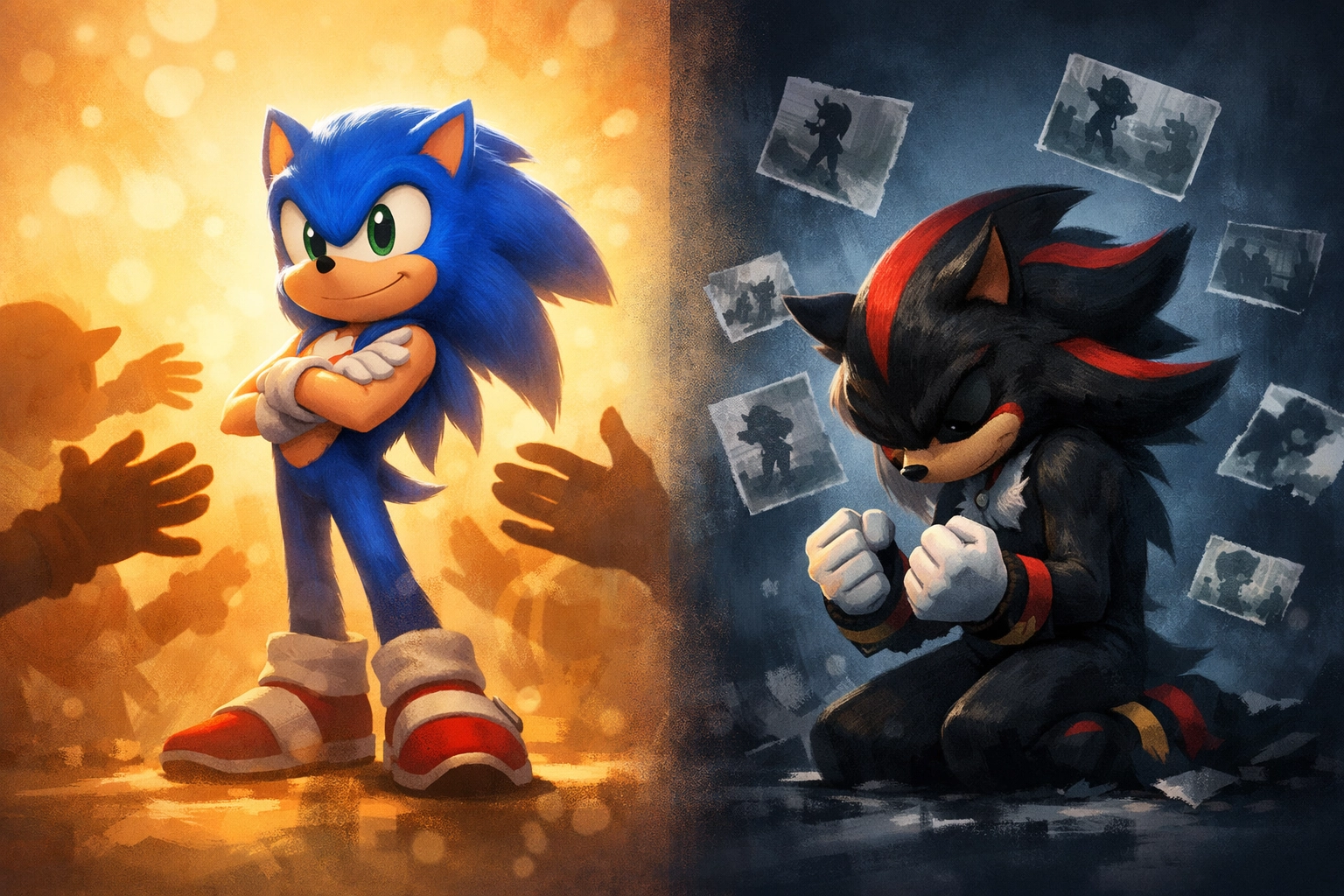 Sonic surrounded by family and friends contrasted with Shadow alone in grief and isolation