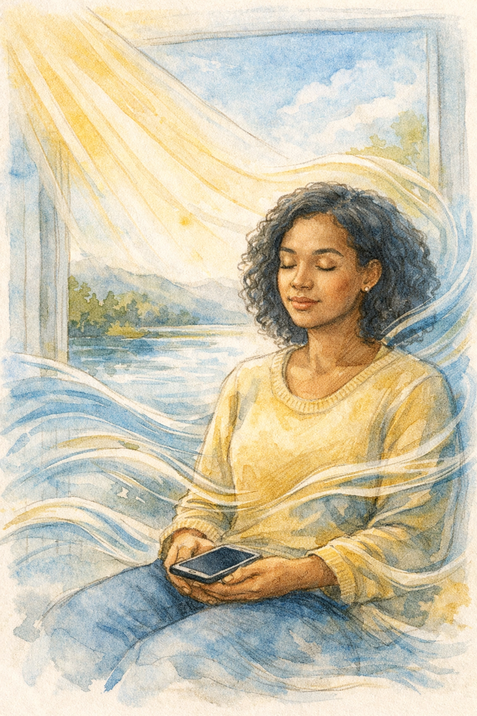 Person taking a peaceful pause during digital worship with eyes closed