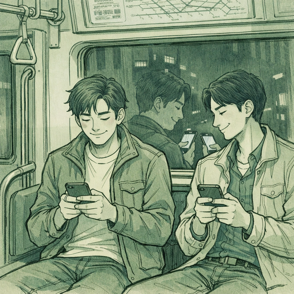 Korean men secretly texting each other on Seoul subway at night - MM contemporary romance