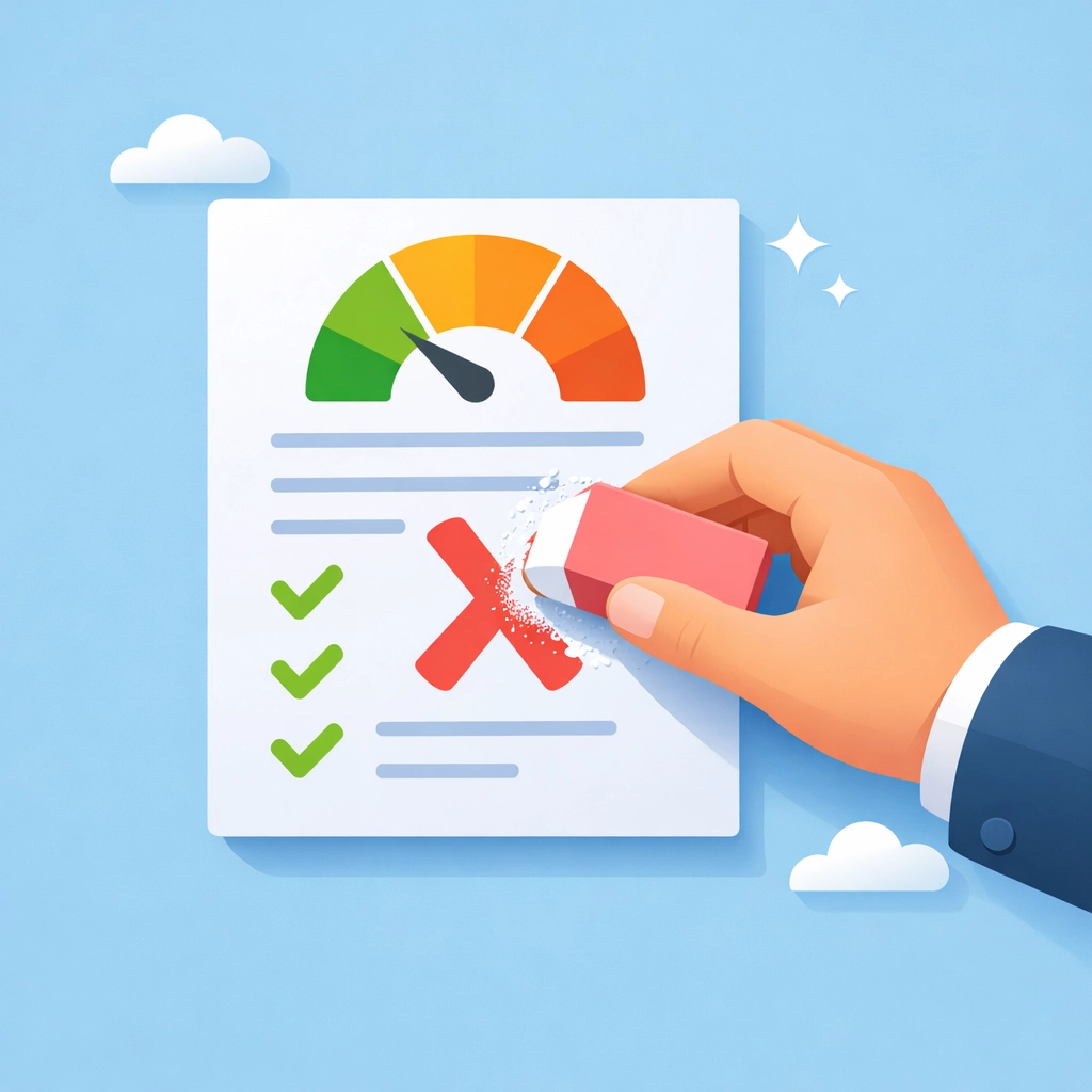 Ilustración de limpieza de crédito eliminando marcas negativas y colecciones del reporte.