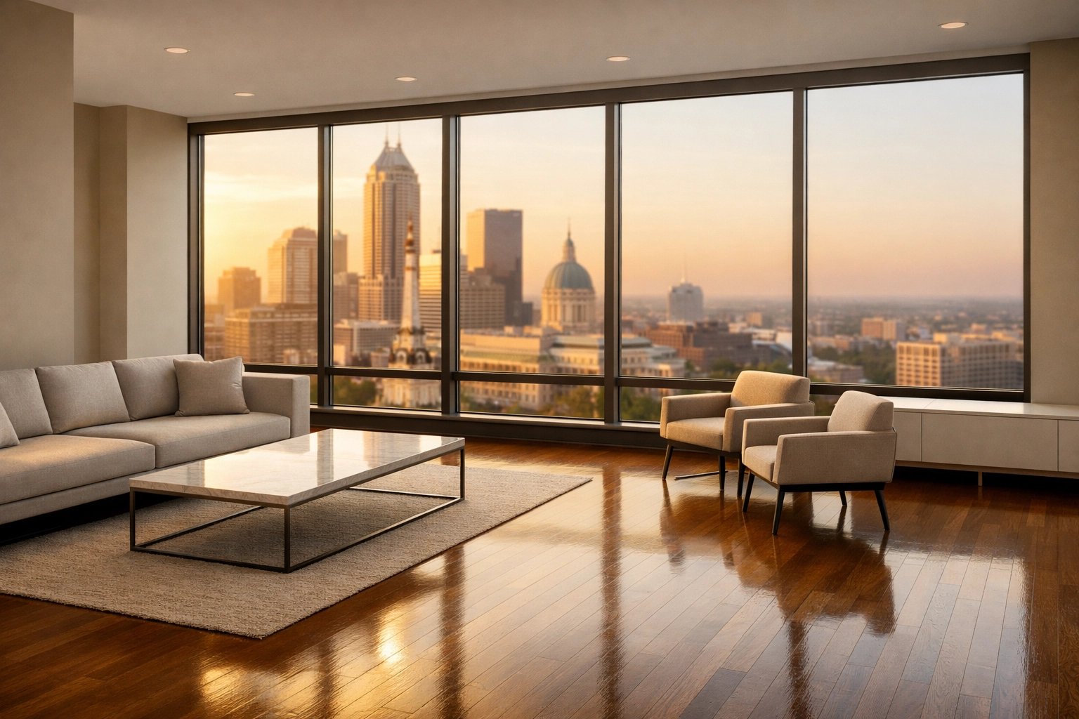 Pristine apartment living room in an Indianapolis high-rise ready for new tenant move-in.