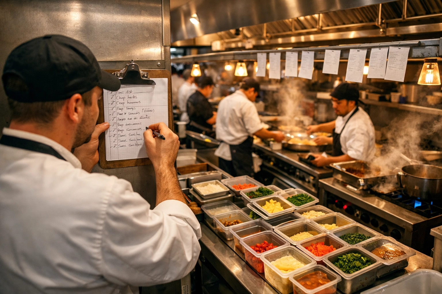 Restaurant kitchen workflow during dinner service with cook checking standardized prep list