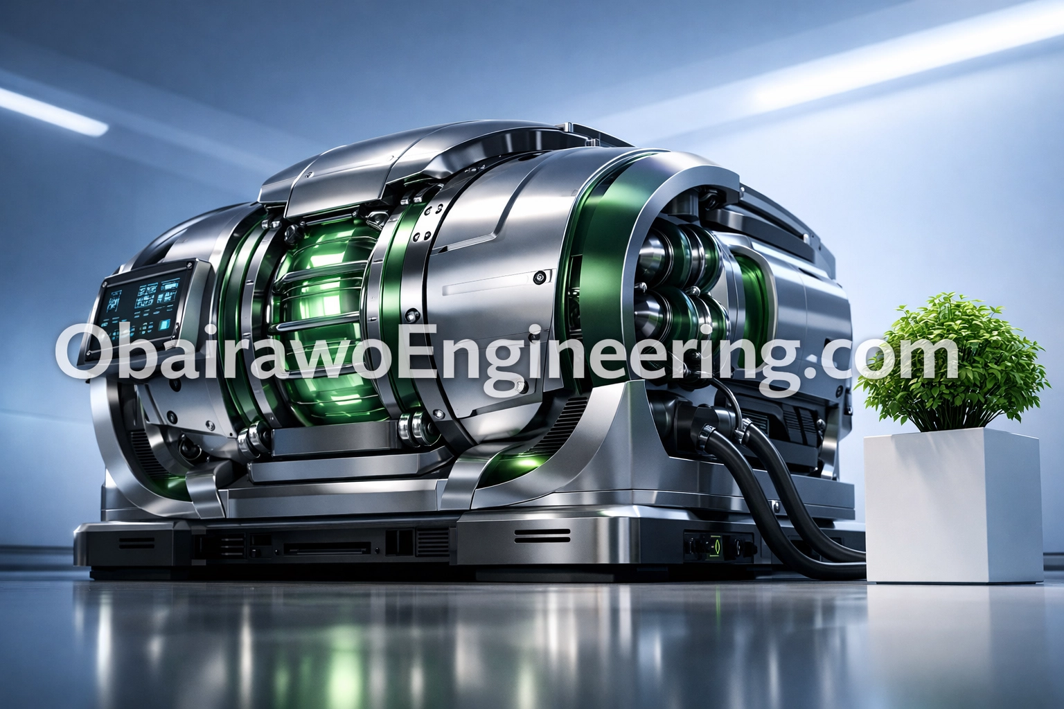 Modern Obairawo fuelless generator unit showing sustainable energy technology for business power.