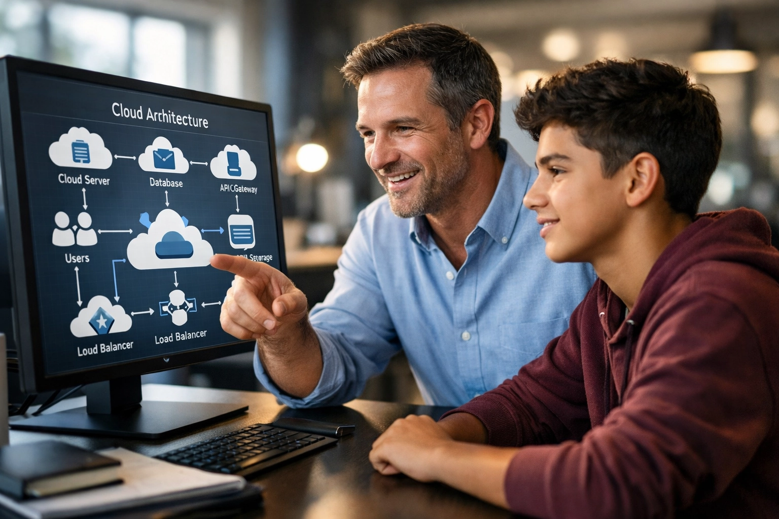 Technology professional mentoring high school student on cloud architecture and career development