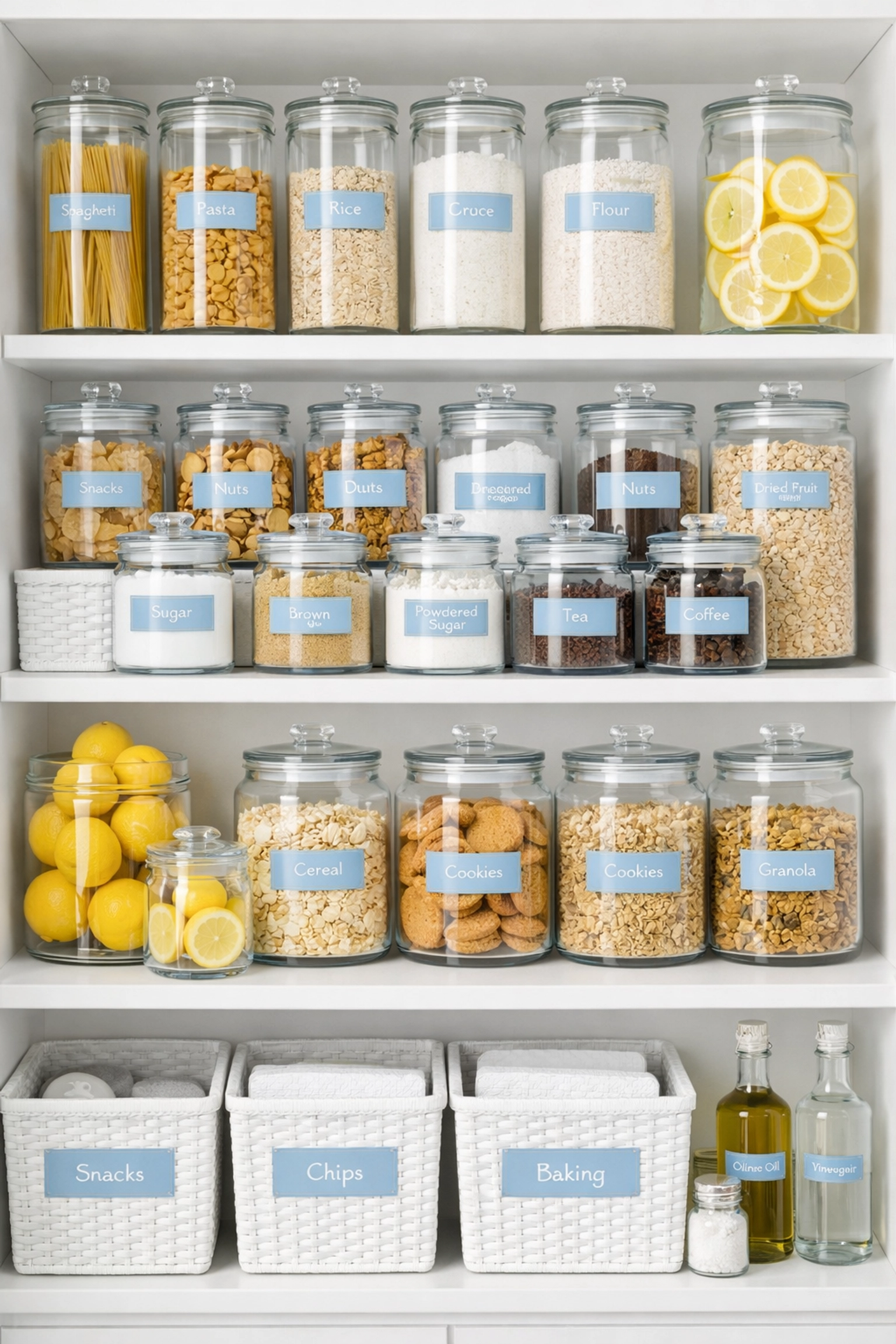 Meticulously organized kitchen pantry with clear jars and baskets by professional Carlisle cleaners.
