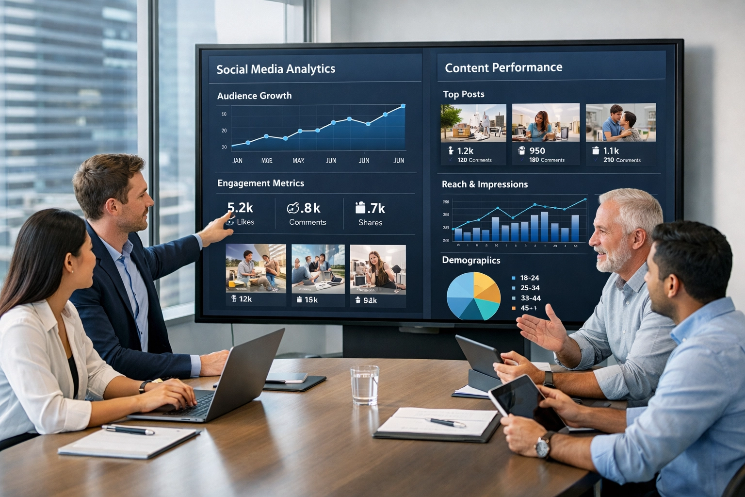 Marketing team analyzes social media performance data for multi-platform content strategy