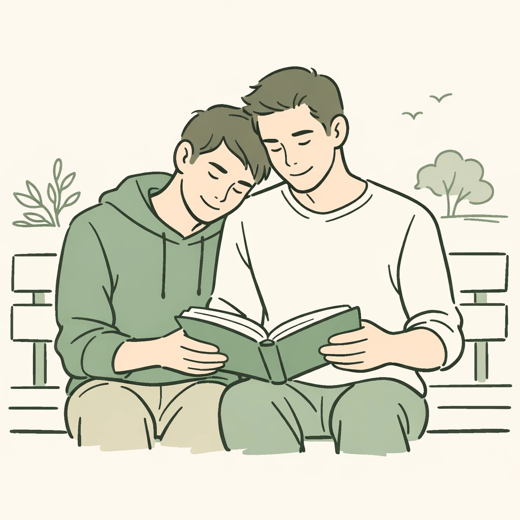 Two men sharing a book on a bench, representing bi+ visibility and romantic male connections in gay love stories.