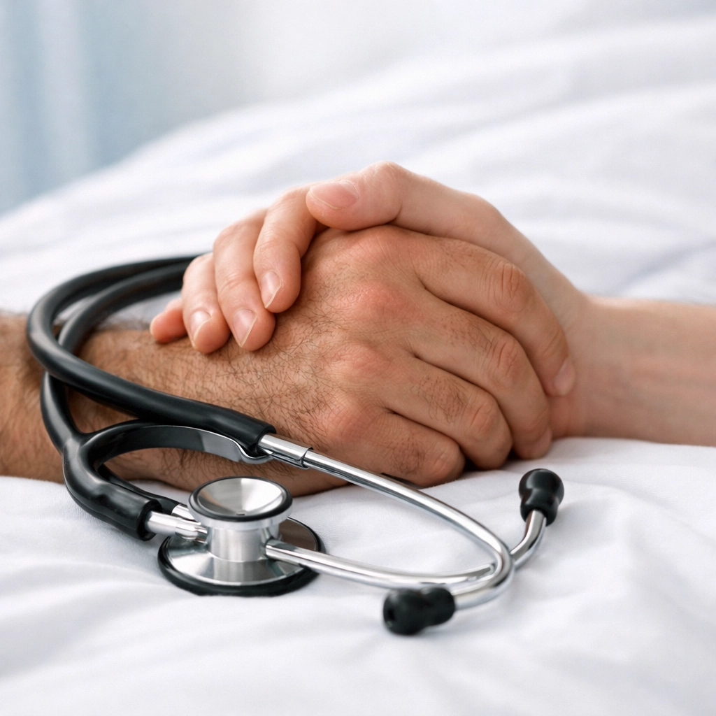 Detailed view of two men's hands interlaced with a stethoscope on a bedsheet, representing MM medical romance.