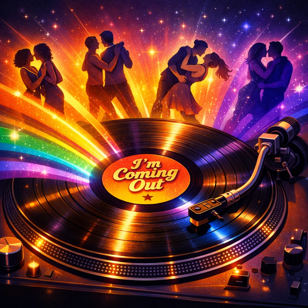 Vinyl record of Diana Ross I'm Coming Out with rainbow light representing LGBTQ+ anthem impact