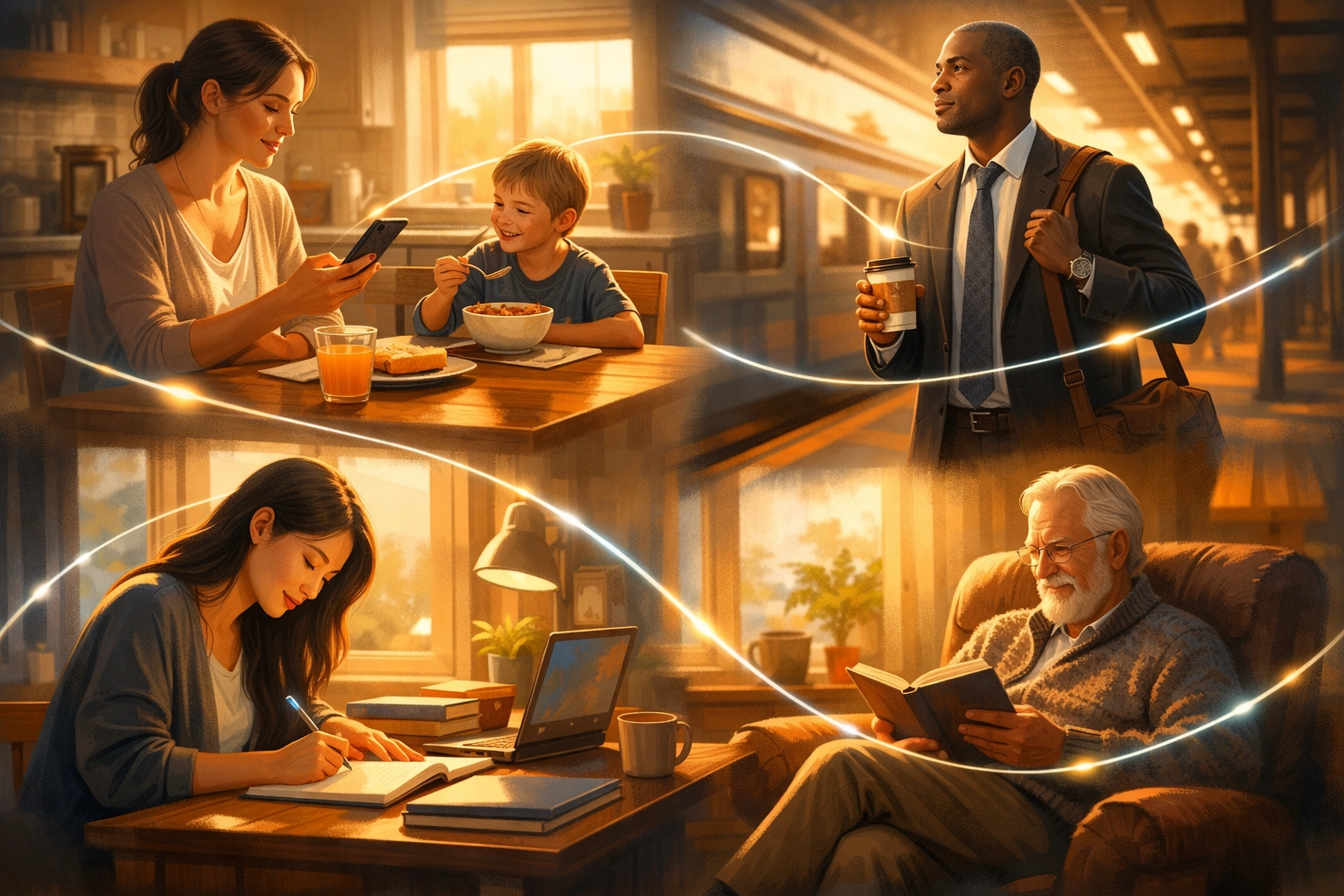 Diverse readers consuming morning news briefs in calm, focused settings