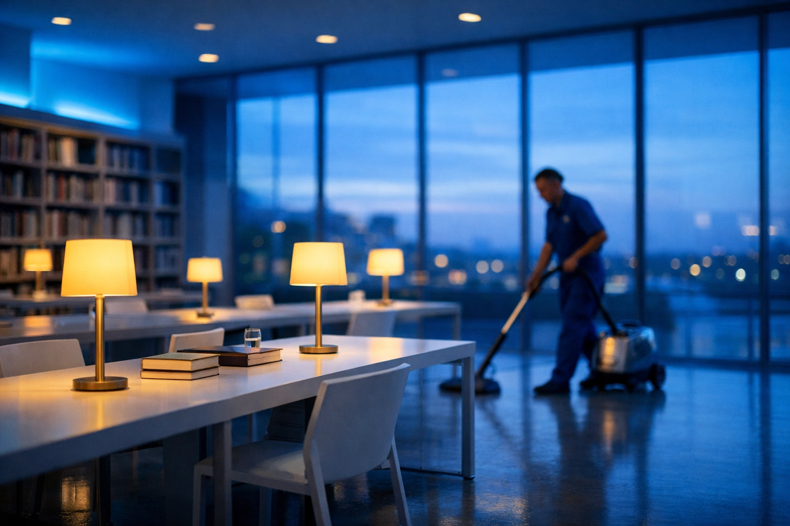 Commercial cleaner using a quiet vacuum in a modern library to minimize disruption.