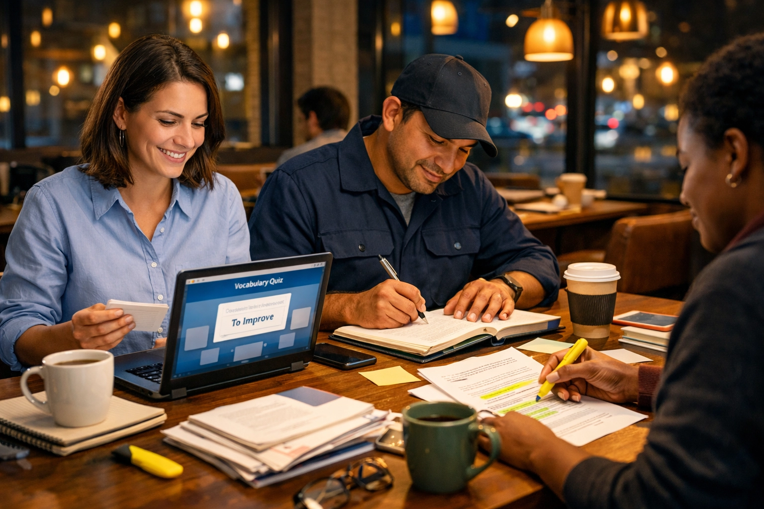 Working adults studying for CLEP and DSST exams together in coffee shop
