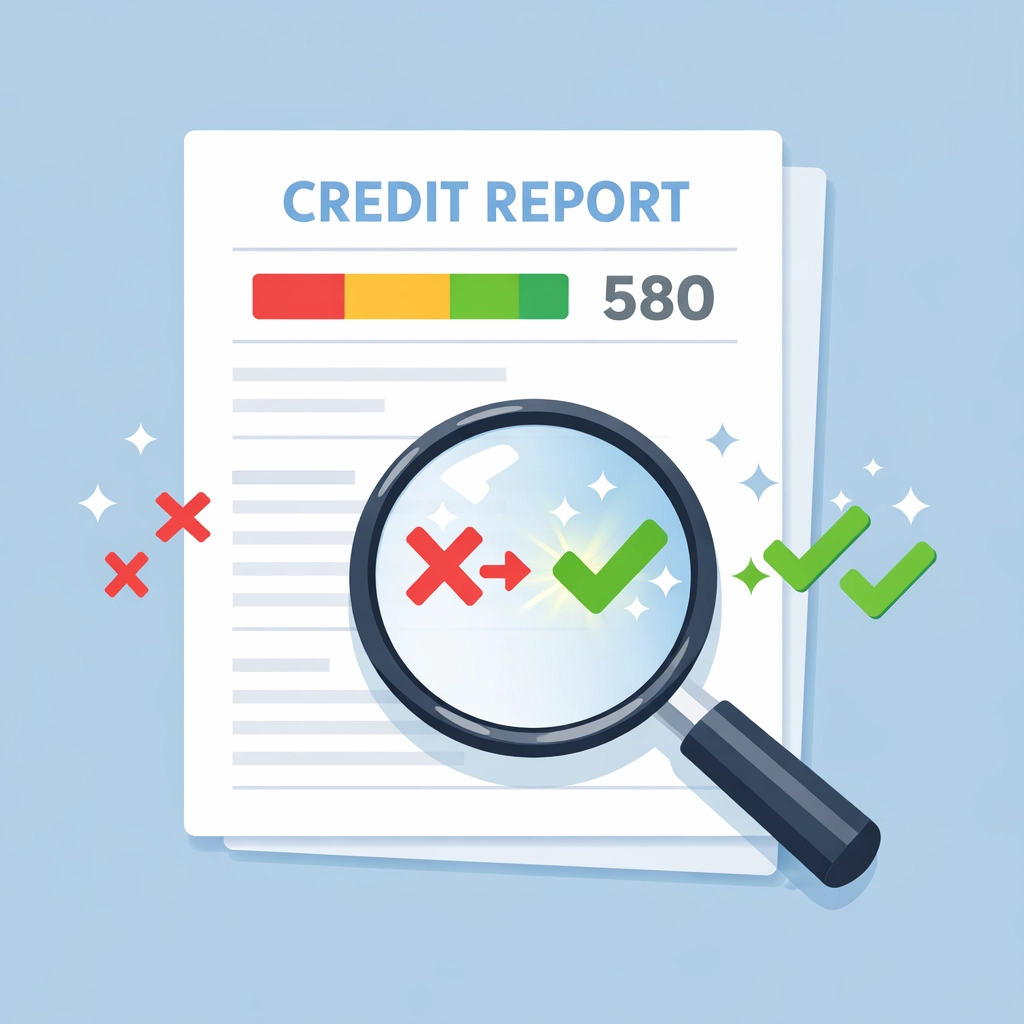 Ilustración de reparación de crédito limpiando un reporte con marcas negativas convertidas en positivas.