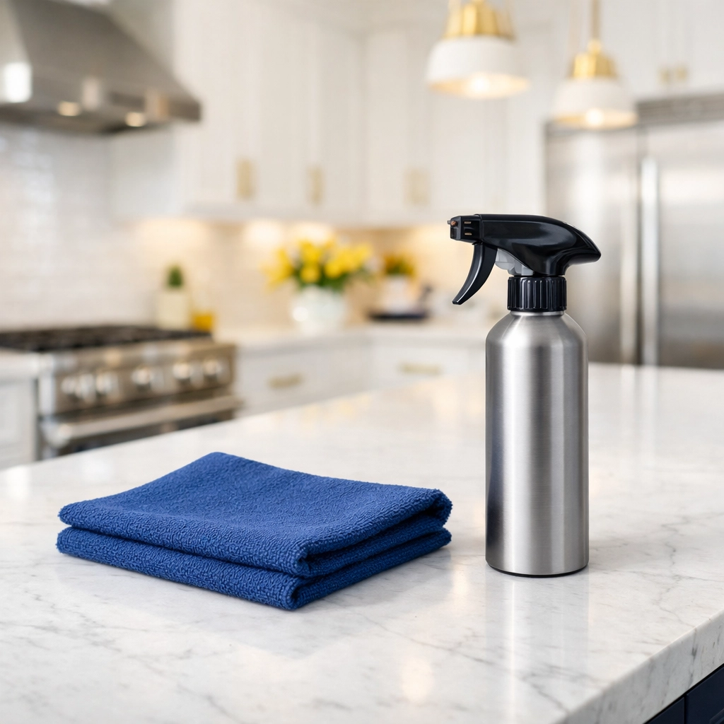 Professional maid service supplies on a clean marble kitchen island in an Acton, MA home.