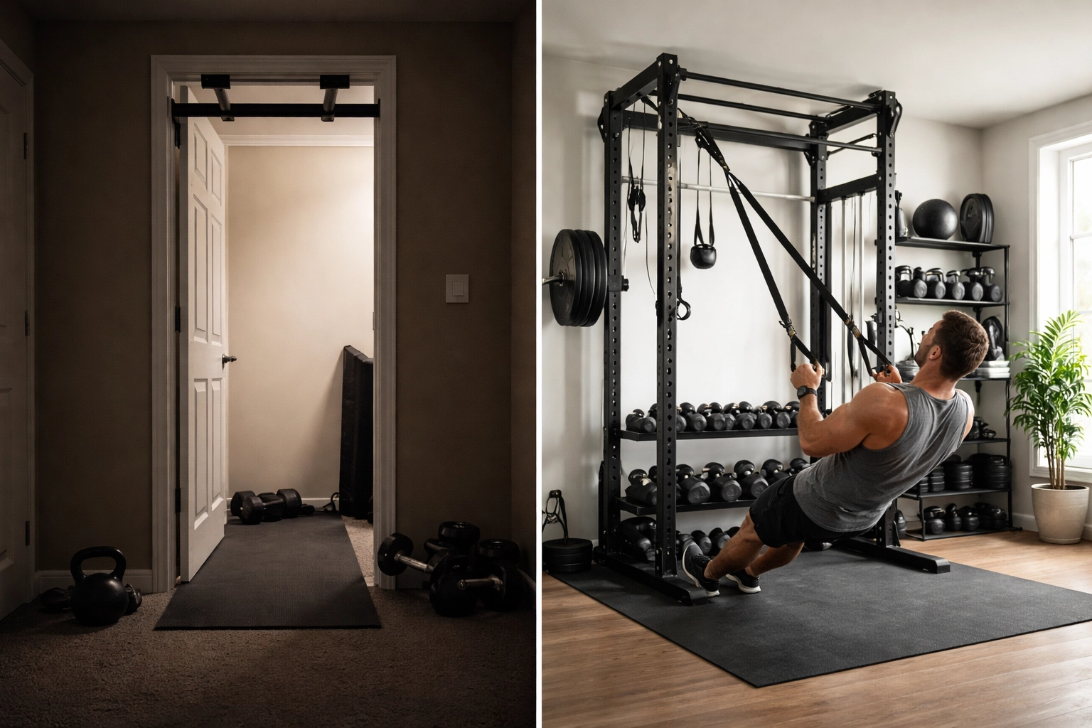 Side-by-side comparison of basic pull up bar versus floor-to-ceiling gym system in home gym environment