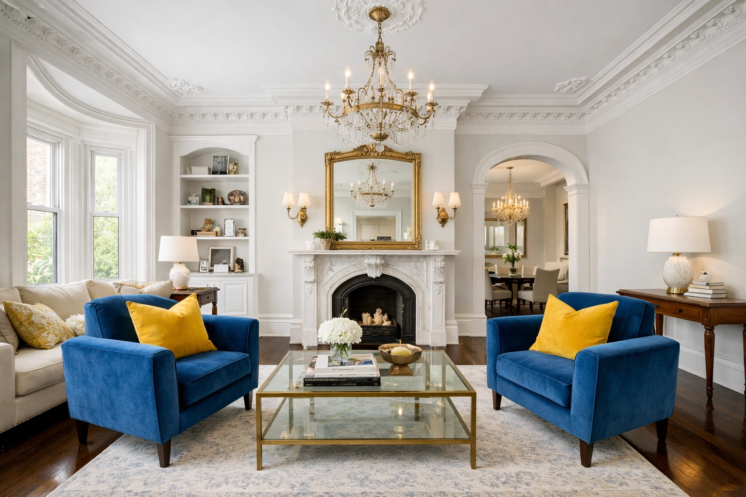 Deep cleaning of a historic Boston brownstone living room featuring polished hardwood floors and high ceilings.