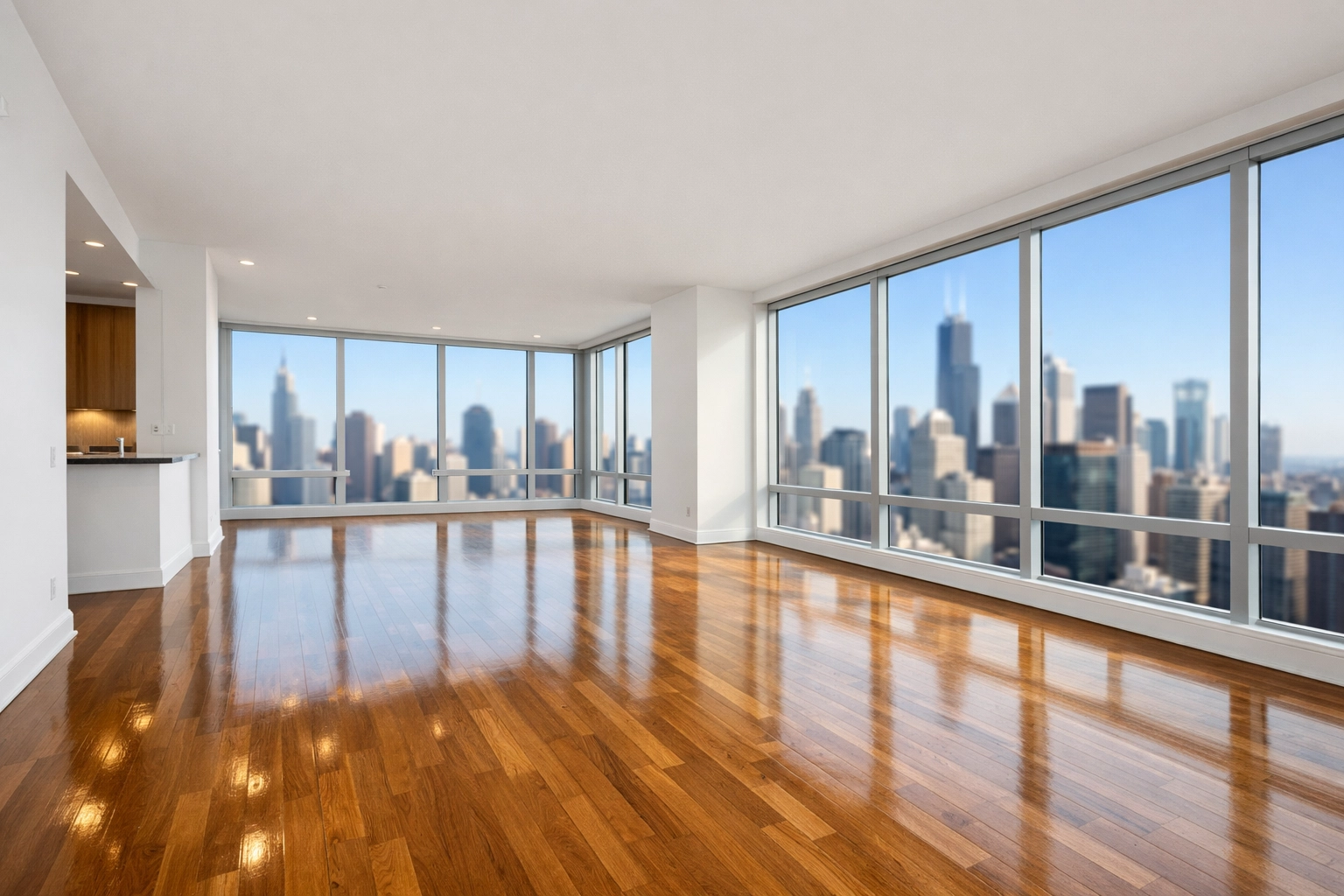 Pristine Chicago apartment with polished floors ready for tenant move-in after professional move-out cleaning.