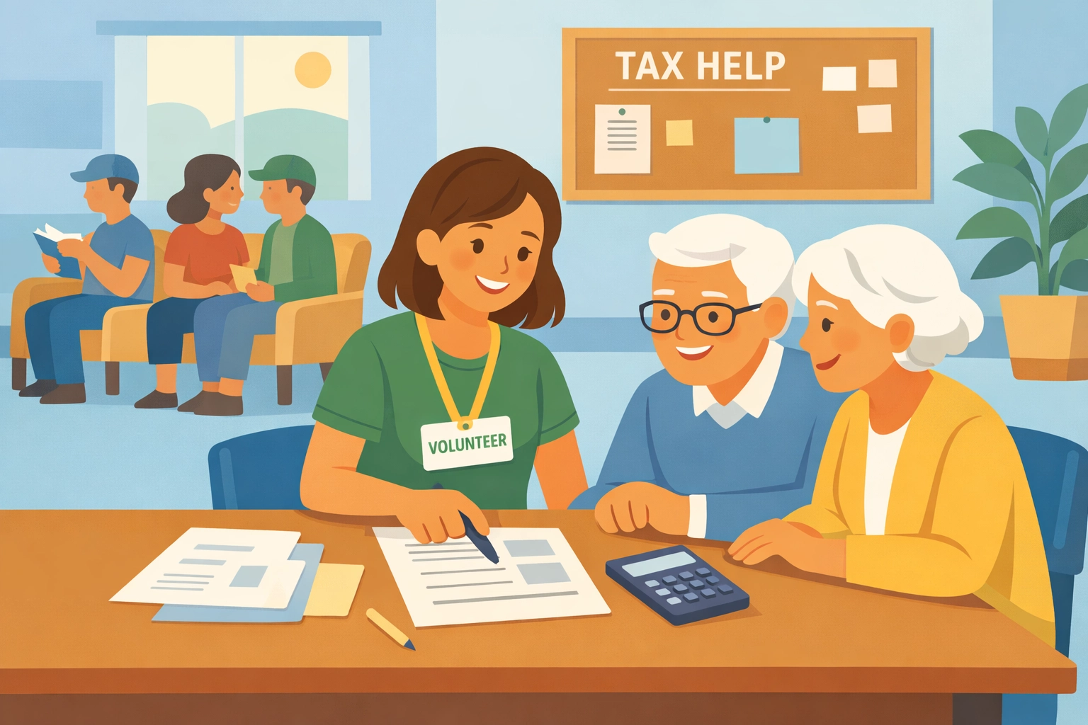VITA volunteer tax preparer helping elderly couple with free tax preparation in New Haven