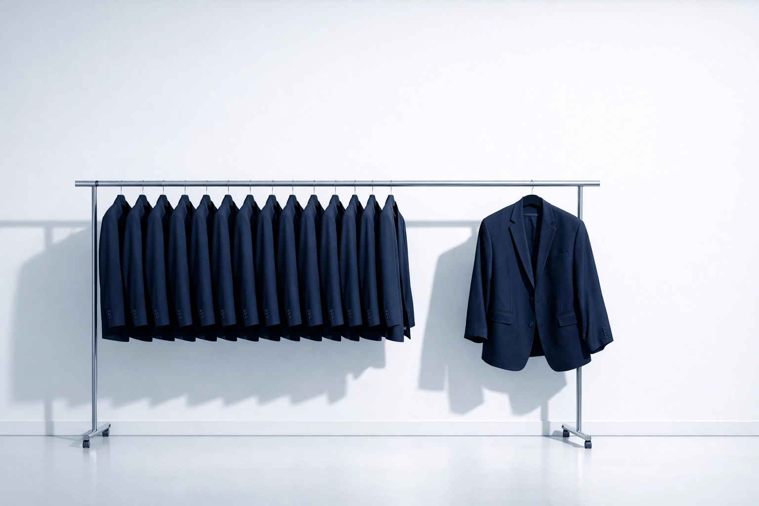 A row of suits with one ill-fitting blazer illustrating the mistake of one-size-fits-all sales training.