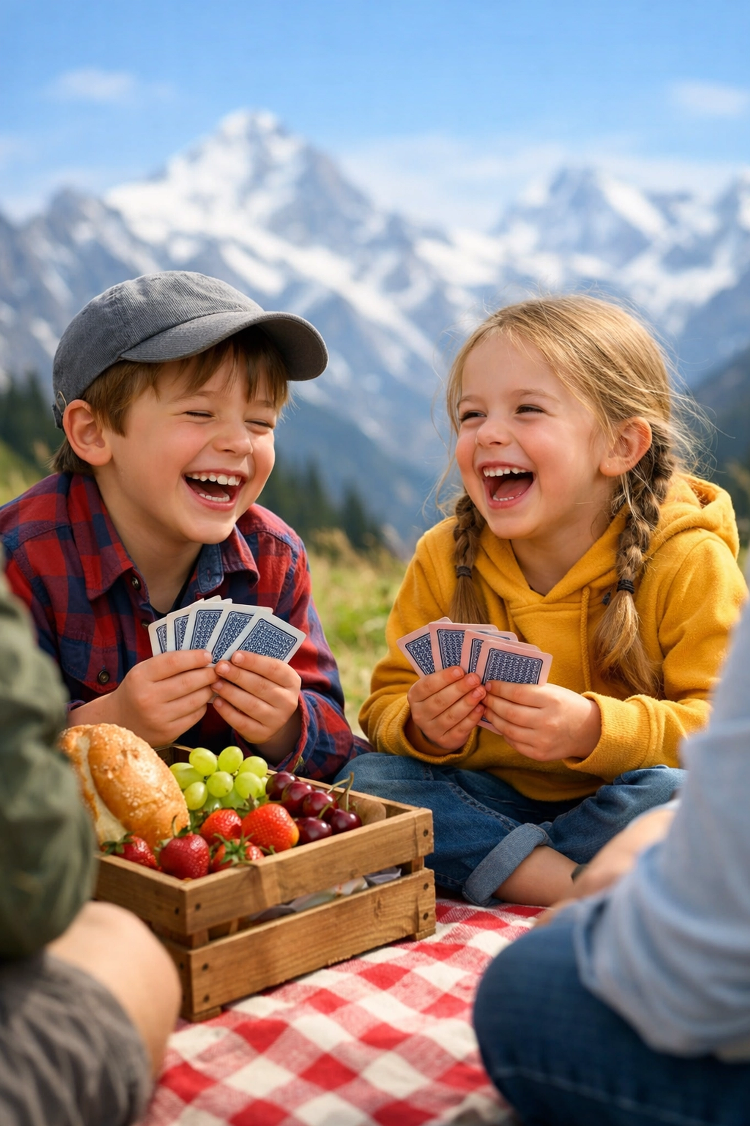 Kids playing card games on a picnic blanket surrounded by mountain views and fresh air.