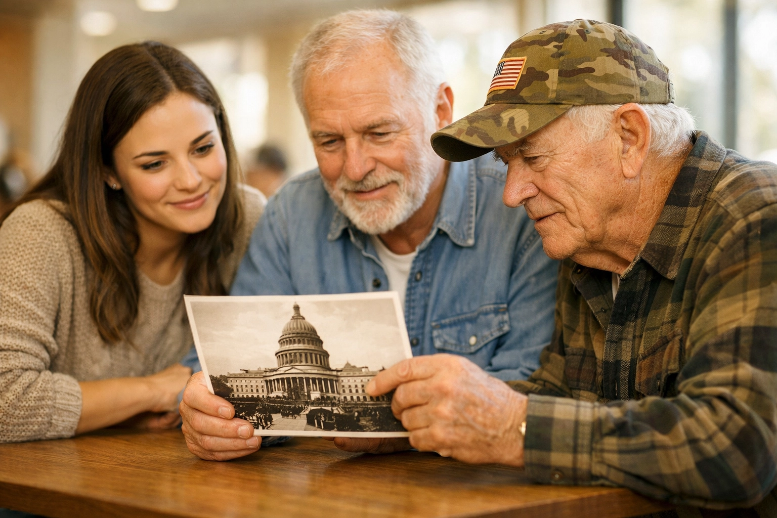 Diverse group of neighbors in a community center discussing American values through civic reflection.