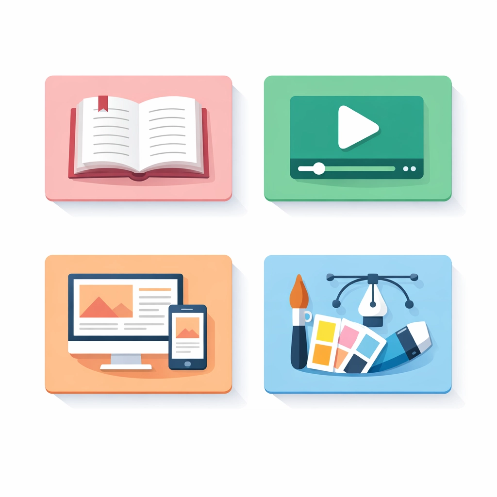 Various digital product types including ebooks, video courses, templates and design assets