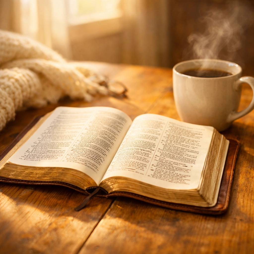 Open Bible and coffee in morning light for daily Bible study