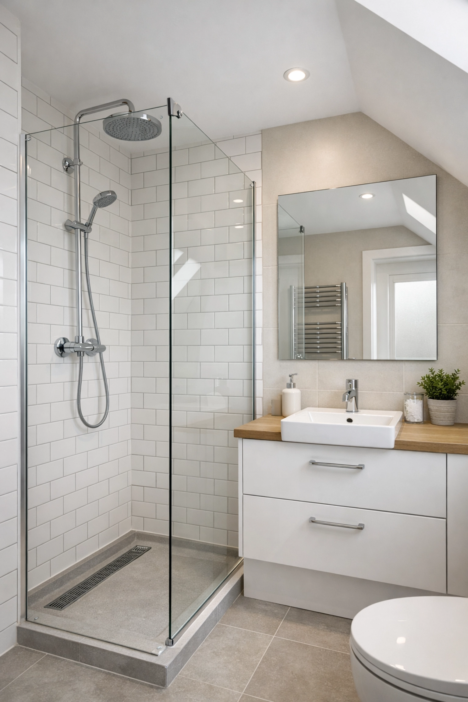Modern ensuite shower room in a Dormer loft conversion featuring high-quality tiling and fixtures.