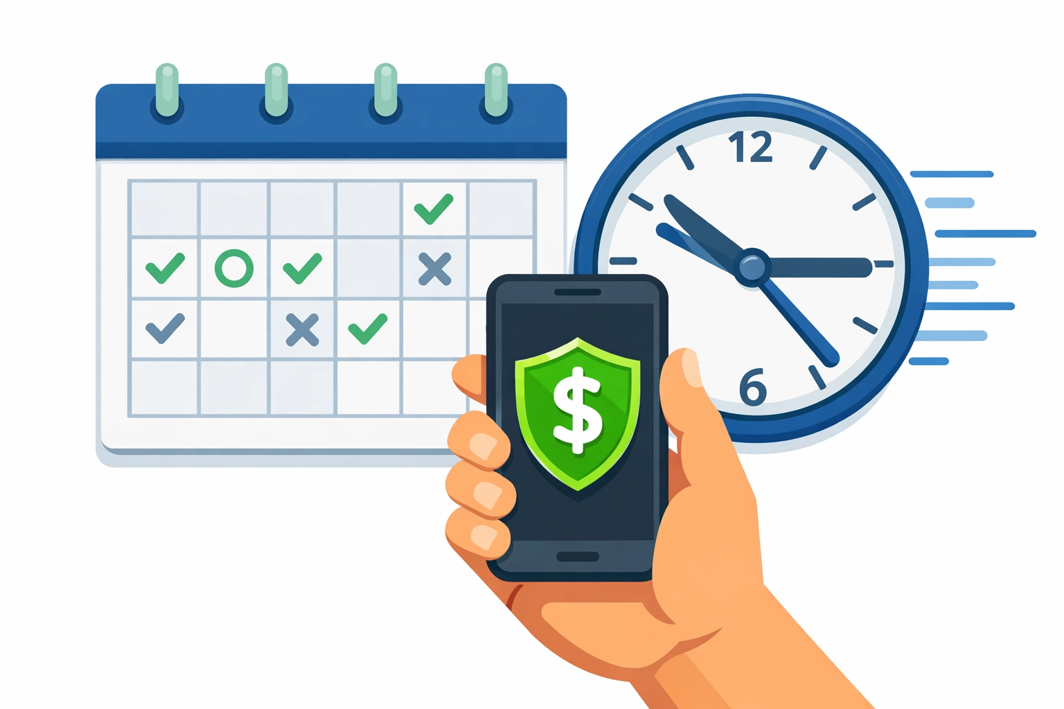 Secure direct deposit refund on a smartphone with a calendar and clock for fast tax processing timelines.