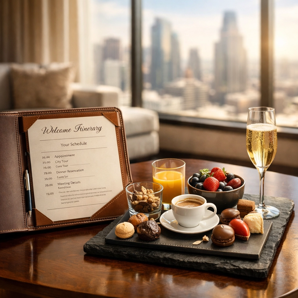 Luxury hotel suite featuring an executive welcome kit and skyline view for Super Bowl VIP hosting.