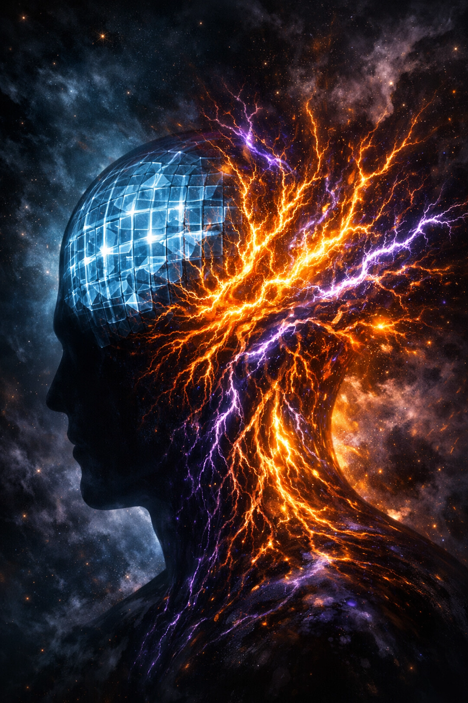 Artistic visualization of the survival brain overriding logical thinking during a stress response.