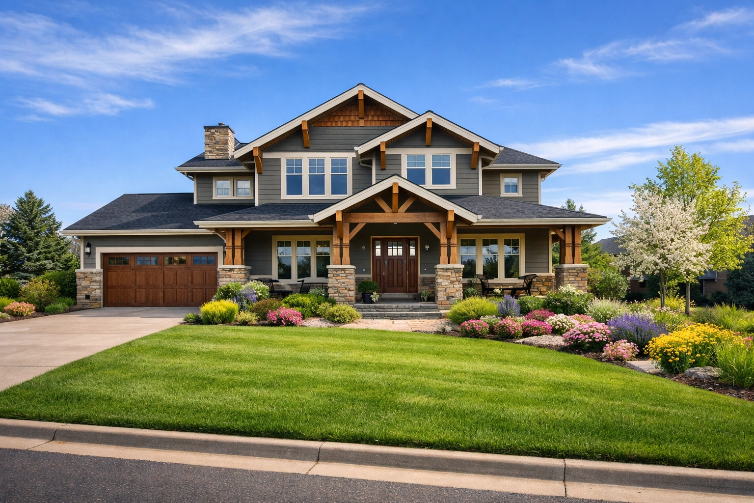 Contemporary craftsman home in Aurora, Colorado with beautiful spring landscaping.