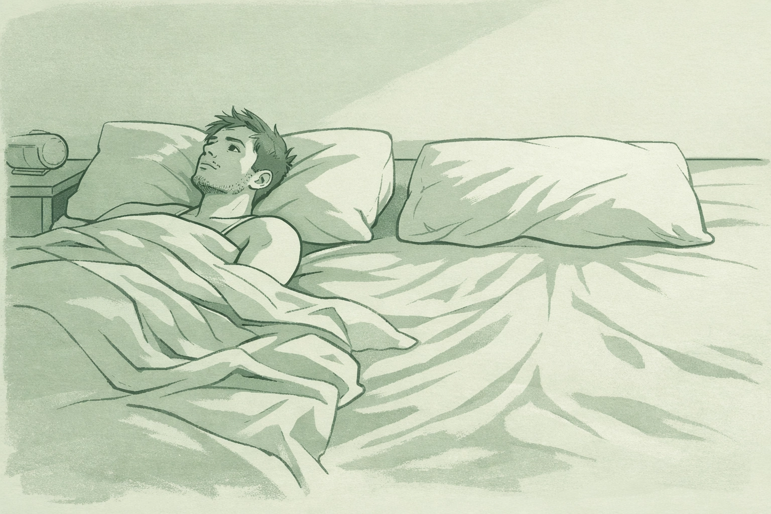 Lonely gay man lying awake in empty bed representing touch-starvation and isolation