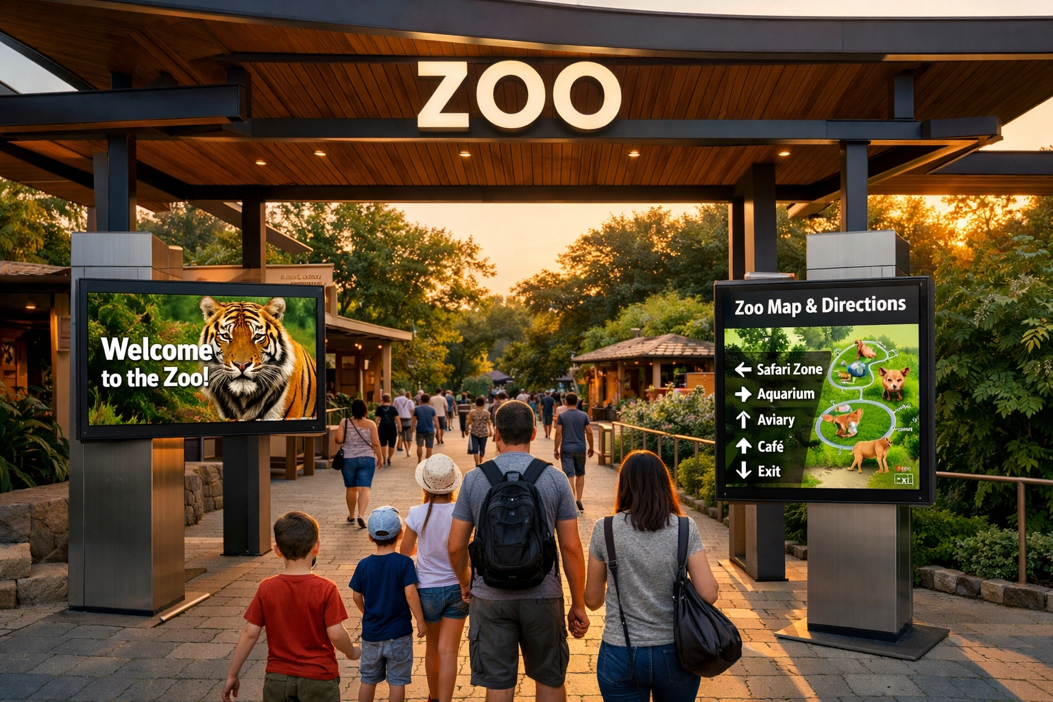 Digital display screens at modern zoo entrance showing wayfinding and wildlife content for visitors