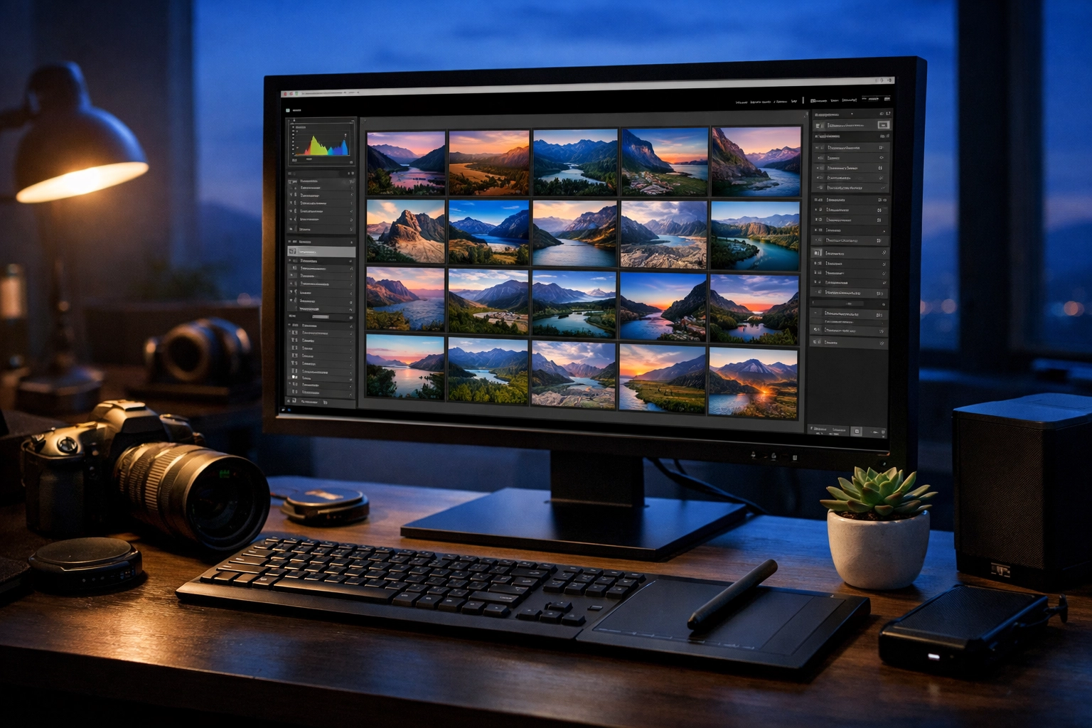 Professional photographer workspace with a color-calibrated monitor for editing high-quality photos.