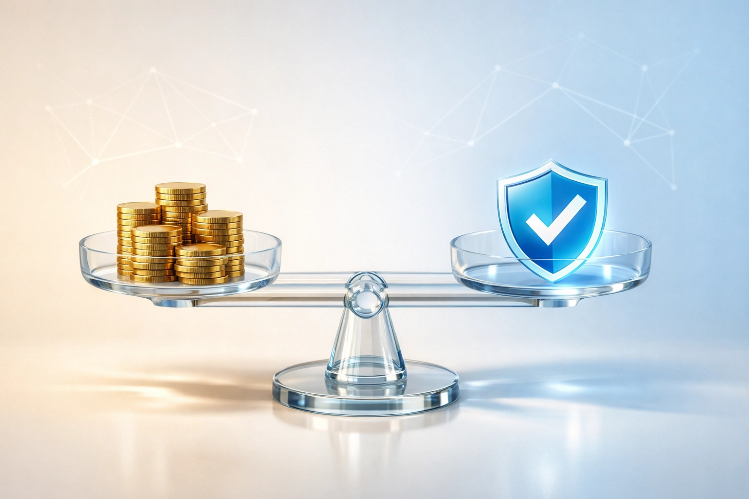 Balanced scale with coins and shield representing fee-only fiduciary trust and transparency