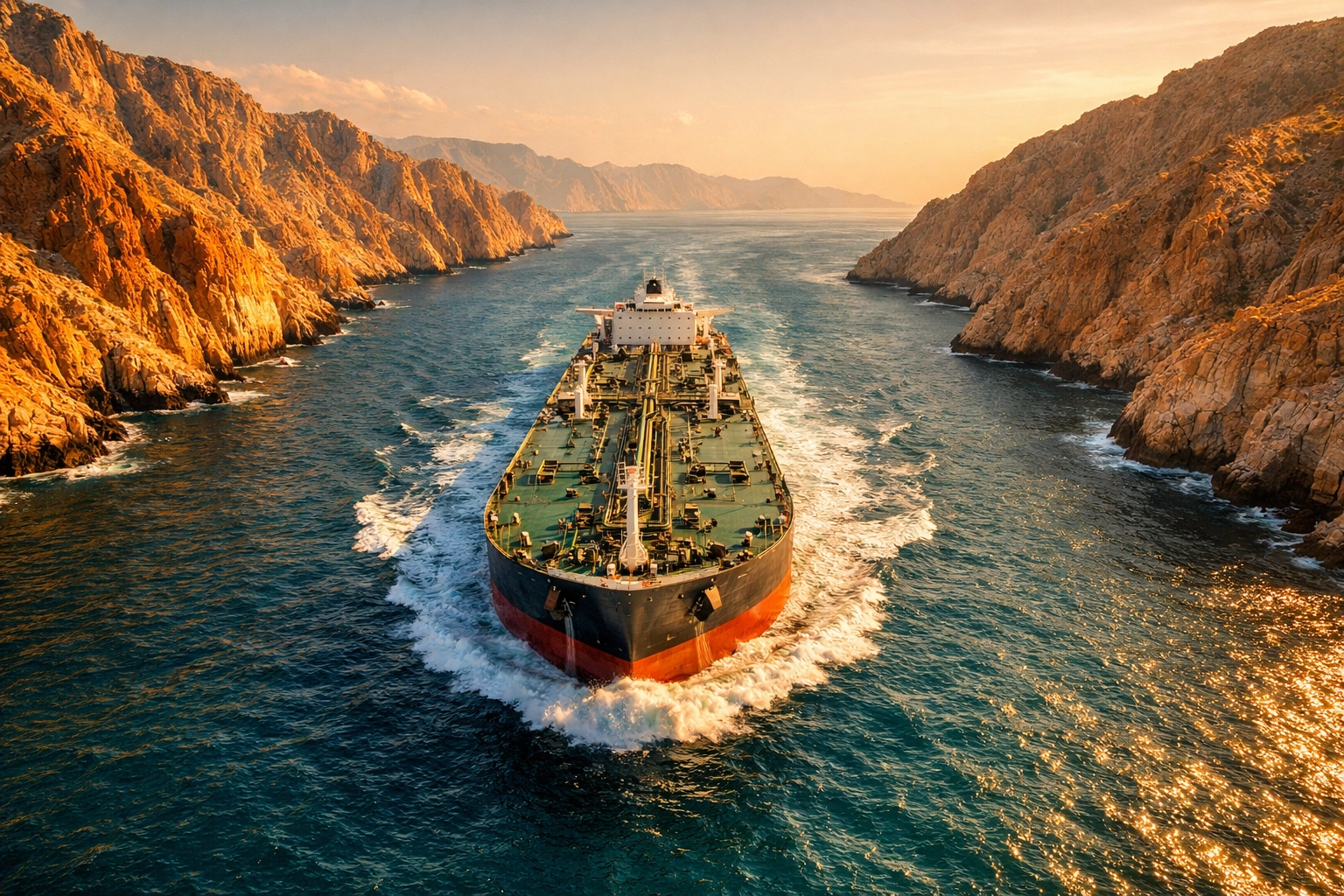 An oil supertanker traveling through the narrow Strait of Hormuz, a critical global oil chokepoint.