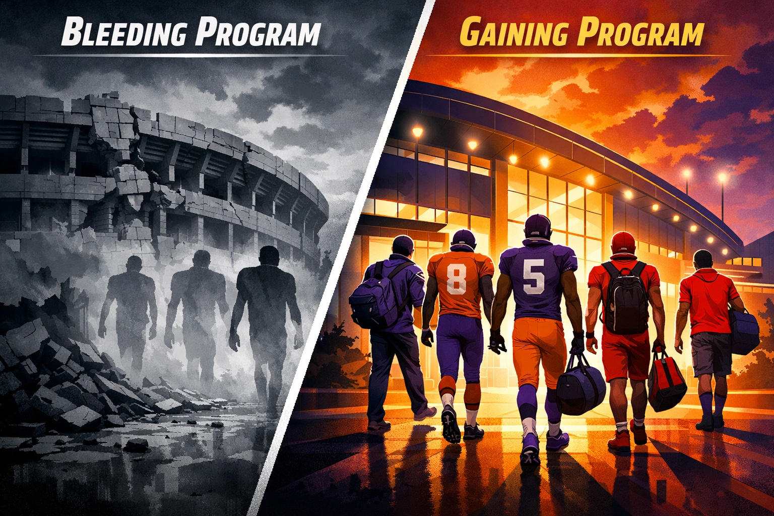 Transfer portal migration showing programs losing players versus programs gaining talent in 2026 cycle