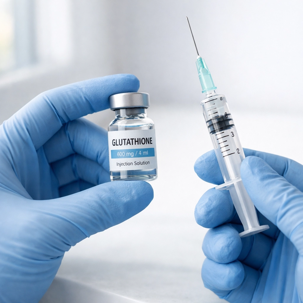 Medical-grade glutathione vial and syringe for safe skin lightening treatment at doctor-led clinic