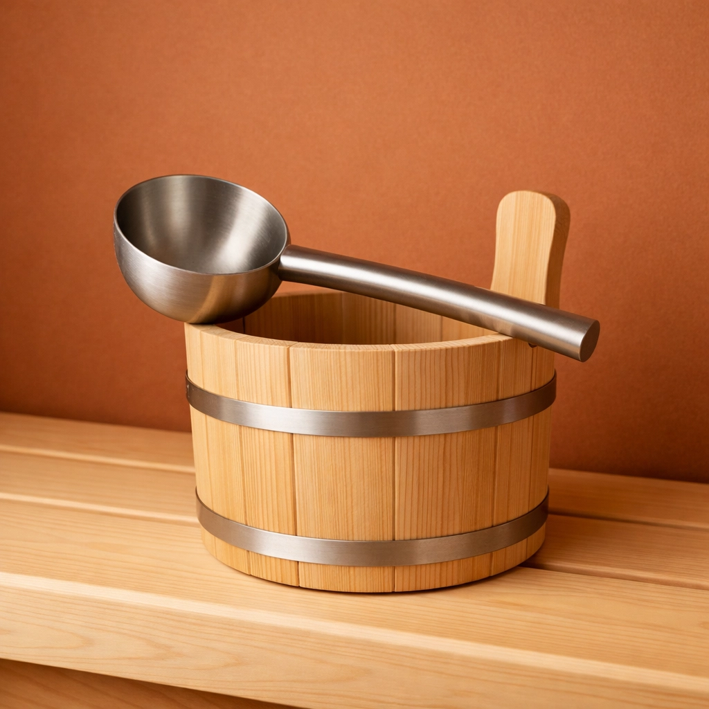 Cedar wood sauna bench and bucket used for heat therapy and improving cardiovascular health.